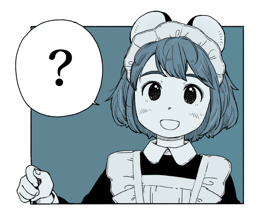 1girl ? akai_sashimi animal_ears apron eyebrows_visible_through_hair maid_apron maid_headdress monochrome mouse_ears open_mouth original outside_border portrait short_hair smile spoken_question_mark