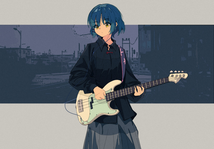 1girl bangs bass_guitar black_shirt blue_hair bocchi_the_rock! chartyr45 closed_mouth collared_shirt grey_skirt highres instrument long_sleeves looking_to_the_side mole mole_under_eye music playing_instrument pleated_skirt shirt short_hair skirt solo standing yamada_ryou yellow_eyes