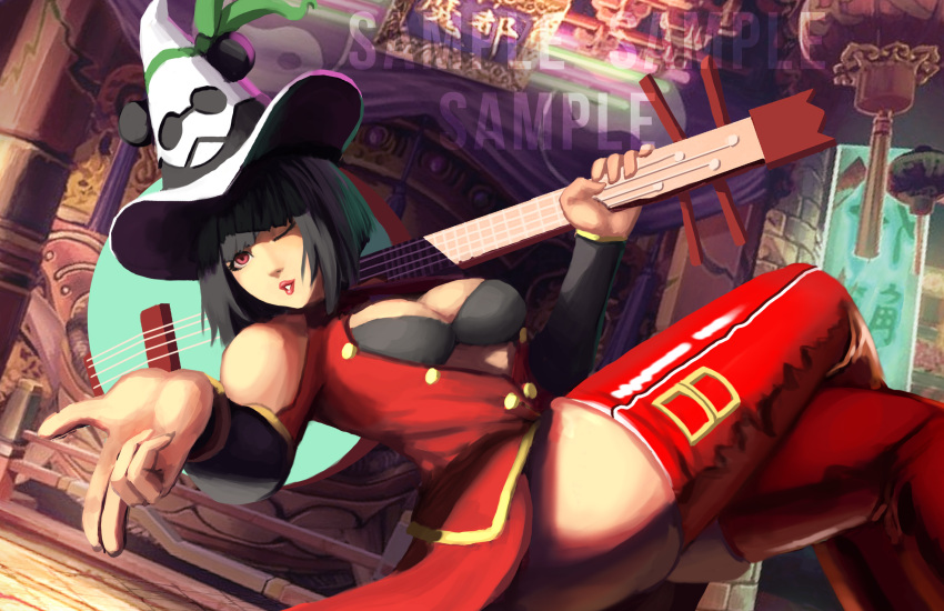 1girl ;3 adapted_costume arc_system_works arcade_stick bangs bare_shoulders bass_guitar black_bra blazblue blown_kiss blunt_bangs bob_cut boots bra breasts cleavage commentary commission company_connection controller cosplay detached_sleeves dress dude_underscore eyelashes floating game_controller guilty_gear hat highres i-no instrument joystick lao_jiu legs_crossed lips lipstick litchi_faye_ling litchi_faye_ling_(cosplay) makeup red_eyes red_footwear revision salute short_dress short_hair solo thigh-highs thigh_boots thighs two-finger_salute unbuttoned underwear witch_hat
