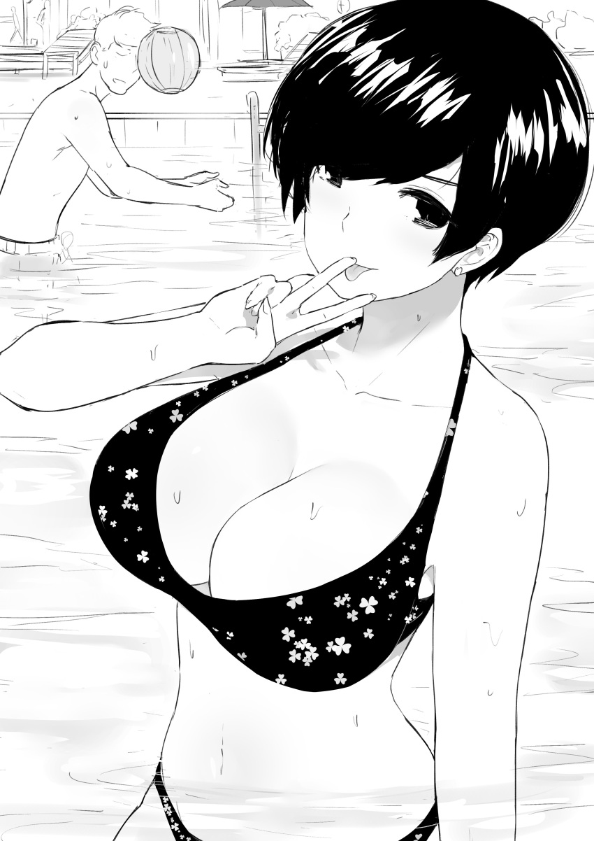 1boy 1girl absurdres ball bare_shoulders beachball bikini black_hair breasts cleavage collarbone cowboy_shot faceless faceless_male greyscale highres large_breasts midriff monochrome navel norman_maggot original partially_submerged pool short_hair swimsuit tongue tongue_out v wading