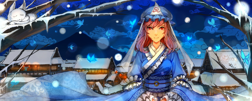 1girl architecture arm_garter bare_tree breasts butterfly clouds east_asian_architecture fireflies fox hakugyokurou hands_on_lap hat highres japanese_clothes kimono looking_at_viewer medium_breasts mob_cap mountain night obi outdoors pink_hair red_eyes saigyouji_yuyuko sash short_hair smile snow solo touhou tree tree_branch triangular_headpiece yuren