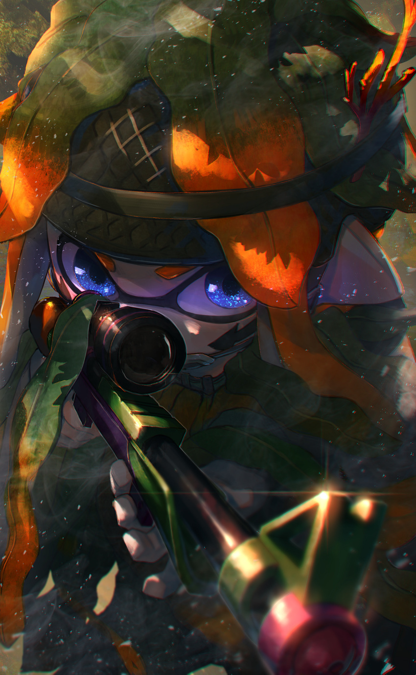 1girl aiming blue_eyes blurry camouflage depth_of_field domino_mask facial_mark glint gun helmet highres holding holding_gun holding_weapon inkling kashu_(hizake) leaf long_hair looking_at_viewer mask monster_girl orange_hair pointy_ears rifle scope serious sniper_rifle solo splatoon splatoon_2 splatterscope_(splatoon) tentacle_hair two-handed weapon