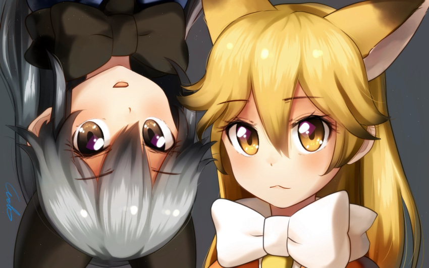 2girls :3 animal_ears black_neckwear blonde_hair bow bowtie brown_eyes commentary_request extra_ears eyebrows_visible_through_hair ezo_red_fox_(kemono_friends) fox_ears grey_background grey_hair hair_between_eyes kemono_friends long_hair looking_at_viewer multiple_girls open_mouth signature silver_fox_(kemono_friends) simple_background welt_(kinsei_koutenkyoku) white_neckwear yellow_eyes