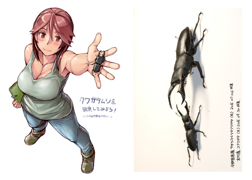 1girl beetle blush breasts brown_eyes brown_hair cleavage collarbone denim from_above hair_between_eyes highres holding insect jeans large_breasts lips looking_up notebook outstretched_arm pants rozen_maiden short_hair sleeveless solo souseiseki tank_top tsuda_nanafushi