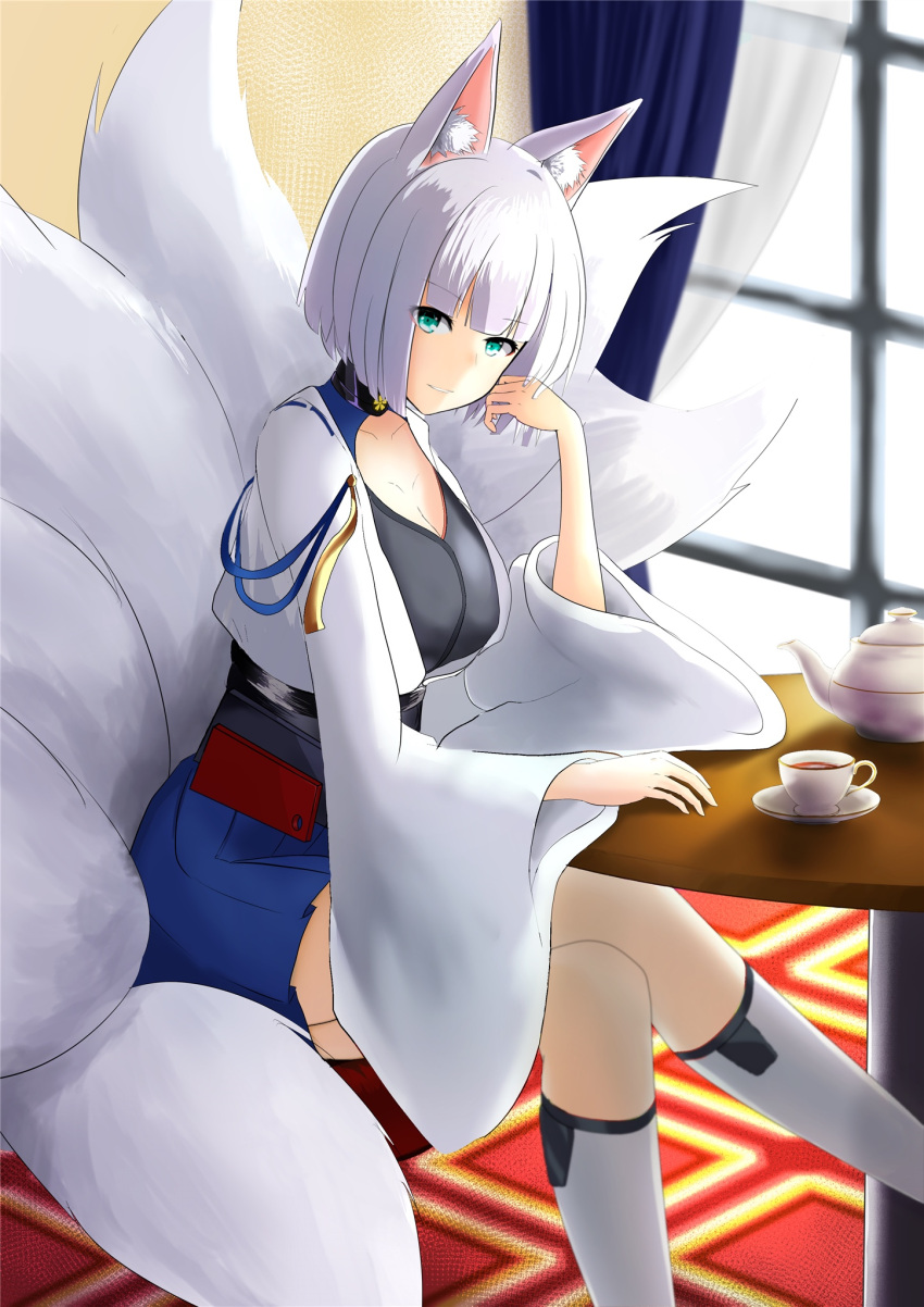 1girl animal_ears artist_request azur_lane blue_eyes breasts cleavage fox_ears fox_tail hakama_skirt highres japanese_clothes kaga_(azur_lane) large_breasts legs_crossed long_sleeves looking_at_viewer multiple_tails parted_lips short_hair sitting smile solo tail white_hair wide_sleeves