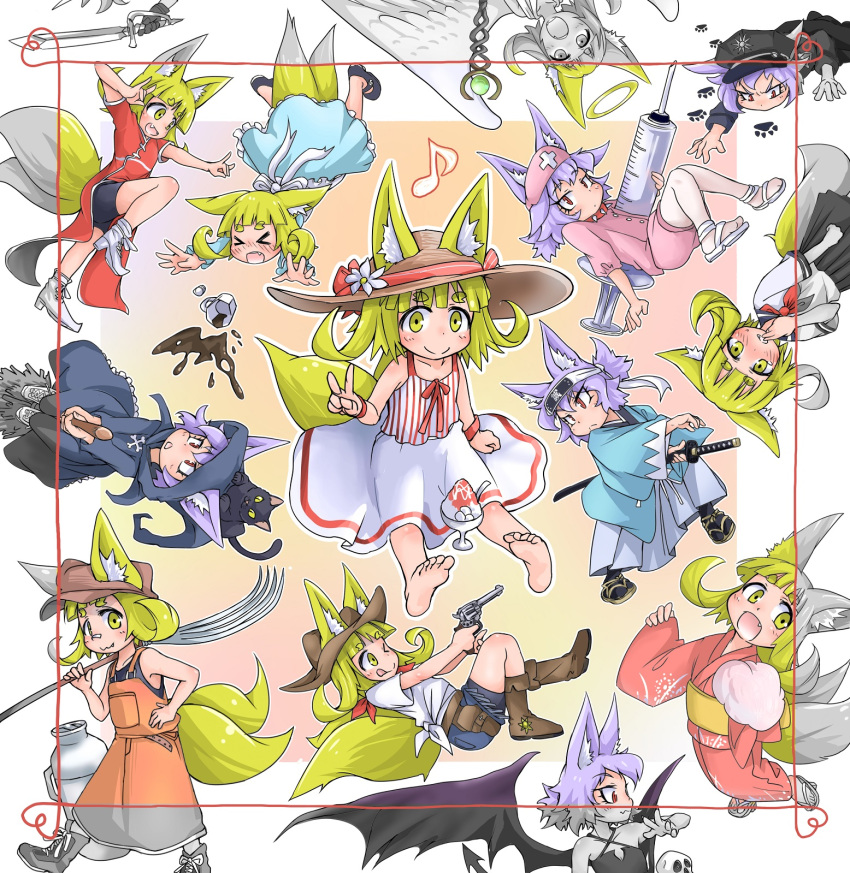 &gt;_&lt; 2girls :3 :d alternate_costume angel_wings animal_ears bandaid bandaid_on_nose bangs bare_arms bare_shoulders barefoot bike_shorts black_legwear black_skirt blonde_hair blue_dress blue_footwear blue_hat blue_sailor_collar blunt_bangs blush boots broom broom_riding brown_hat china_dress chinese_clothes closed_mouth coffee cup demon_wings dog_child_(doitsuken) dog_ears doitsuken dress ears_through_headwear eyebrows_visible_through_hair falling fang fang_out finger_to_mouth fox_child_(doitsuken) fox_ears fox_shadow_puppet fox_tail frown full-face_blush halo hand_on_hip hat high_heel_boots high_heels highres holding holding_sword holding_weapon ice_cream_spoon japanese_clothes katana kimono knees_together_feet_apart long_sleeves looking_at_viewer lying mary_janes multiple_girls multiple_tails multiple_views musical_note neckerchief nurse nurse_cap obi on_stomach open_mouth original overalls pantyhose parfait peaked_cap pink_shorts pleated_skirt purple_hair ready_to_draw red_dress red_eyes red_kimono red_neckwear sailor_collar samurai sandals sash school_uniform serafuku shirt shoes short_eyebrows short_sleeves shorts skirt slit_pupils smile spill spoon staff standing standing_on_one_leg sun_hat sundress sword tabi tail teacup thick_eyebrows two_tails upside-down v weapon white_dress white_footwear white_legwear white_shirt wide_sleeves wings witch witch_hat wristband yellow_eyes