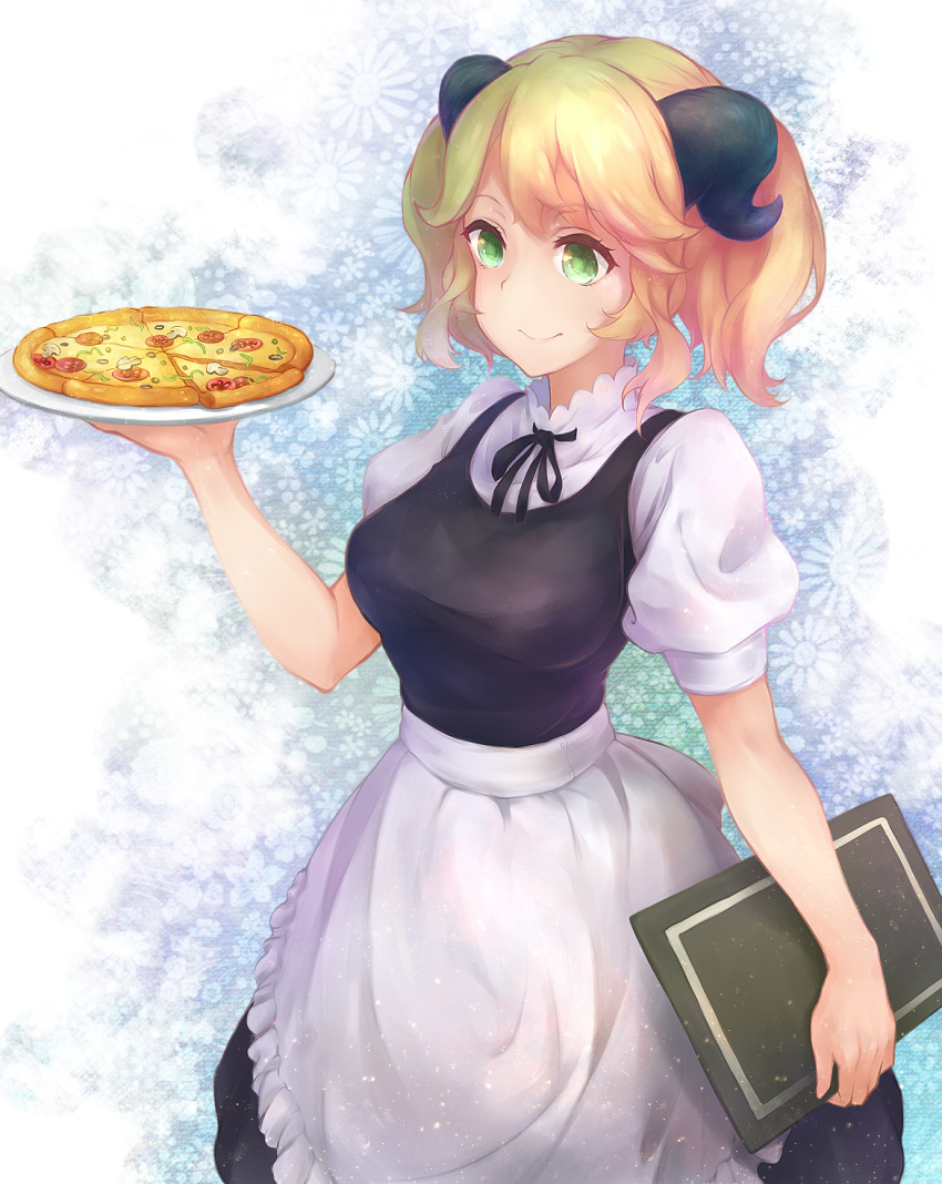 1girl aletta blonde_hair breasts dress food green_eyes hei_meng highres holding holding_plate horns isekai_shokudou medium_breasts medium_hair menu pinafore_dress pizza plate smile solo standing waitress