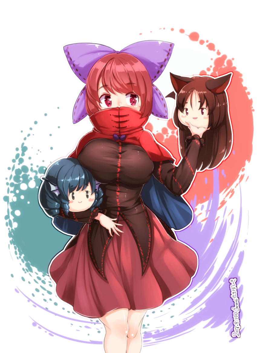 1girl blue_eyes blue_hair blush blush_stickers bow breasts brown_hair carrying covered_mouth drill_hair furim hair_bow highres holding imaizumi_kagerou long_hair long_sleeves looking_at_another looking_to_the_side medium_breasts red_cloak red_eyes red_skirt redhead sekibanki shiny shiny_clothes shiny_hair shiny_skin skirt solo touhou wakasagihime wolf_ear yukkuri_shiteitte_ne