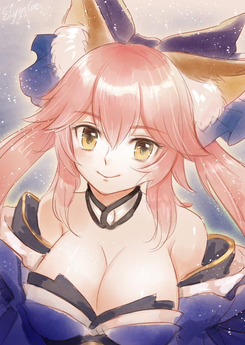 animal_ears bare_shoulders breasts cleavage collarbone detached_sleeves ecat fate/extra fate/extra_ccc fate/grand_order fate_(series) fox_ears hair_ornament hair_ribbon highres large_breasts light_smile looking_at_viewer looking_up pink_hair ribbon tamamo_(fate)_(all) tamamo_no_mae_(fate) yellow_eyes