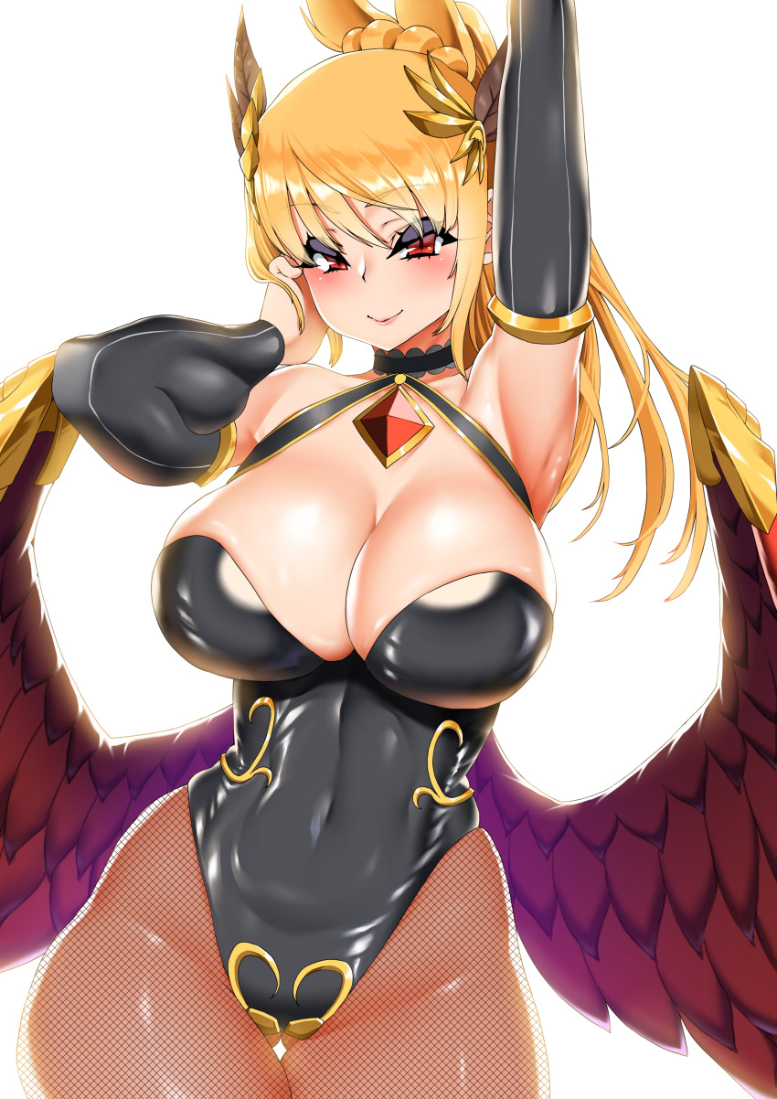 1girl absurdres arm_up armlet armpits bangs black_leotard blonde_hair breasts brown_dust choker cleavage contrapposto covered_navel cowboy_shot detached_sleeves elysee_(brown_dust) eyebrows_visible_through_hair feathered_wings fishnet_legwear fishnet_pantyhose fishnets gem gluteal_fold halterneck headgear highres large_breasts leotard lips long_hair looking_at_viewer low_wings pantyhose pink_lips ponytail red_eyes skin_tight smh1069 smile solo thigh_gap white_background wide_hips wing_ornament wings