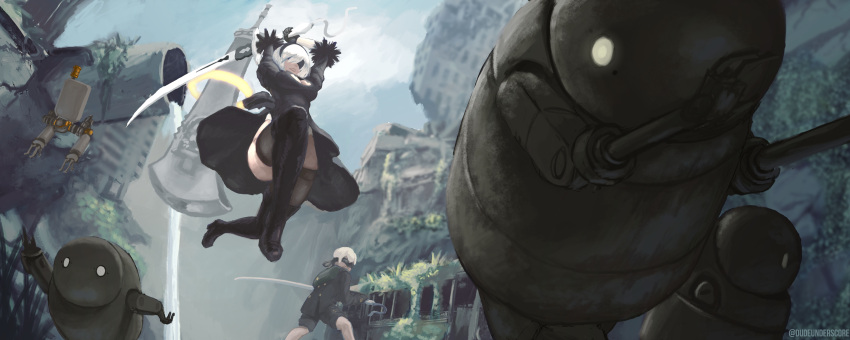 1boy 1girl absurdres battle battoujutsu_stance black_dress black_footwear black_legwear blindfold breasts cleavage cleavage_cutout commentary covered_eyes dress drone dude_underscore feather-trimmed_sleeves fighting_stance floating_swords highres holding holding_weapon huge_weapon katana long_sleeves medium_breasts nier_(series) nier_automata pod_(nier_automata) robot ruins solo_focus sword sword_on_back thighhighs_under_boots weapon white_hair yorha_no._2_type_b yorha_no._9_type_s
