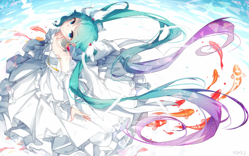 1girl aqua_eyes aqua_hair bai_yemeng collarbone dress earrings fish floating_hair from_above hatsune_miku highres jewelry long_hair looking_at_viewer solo twintails very_long_hair vocaloid white_dress