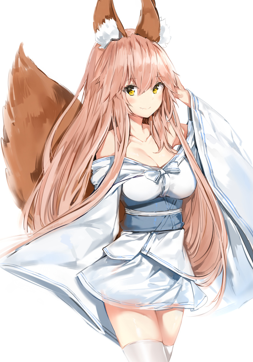 1girl absurdres adjusting_hair alternate_costume animal_ears arm_at_side bare_shoulders blush bow breasts cleavage closed_mouth collarbone cowboy_shot eyebrows_visible_through_hair fang fang_out fate/extra fate_(series) fox_ears fox_tail hair_between_eyes hand_in_hair hand_up hands_in_sleeves highres japanese_clothes kimono large_breasts long_hair long_sleeves looking_at_viewer miniskirt obi off_shoulder pink_hair sash shiny shiny_hair short_kimono silver_(chenwen) simple_background sketch skirt smile solo standing straight_hair tail tamamo_(fate)_(all) tamamo_no_mae_(fate) tareme thigh-highs thighs underbust very_long_hair white_background white_bow white_kimono white_legwear white_skirt wide_sleeves yellow_eyes zettai_ryouiki