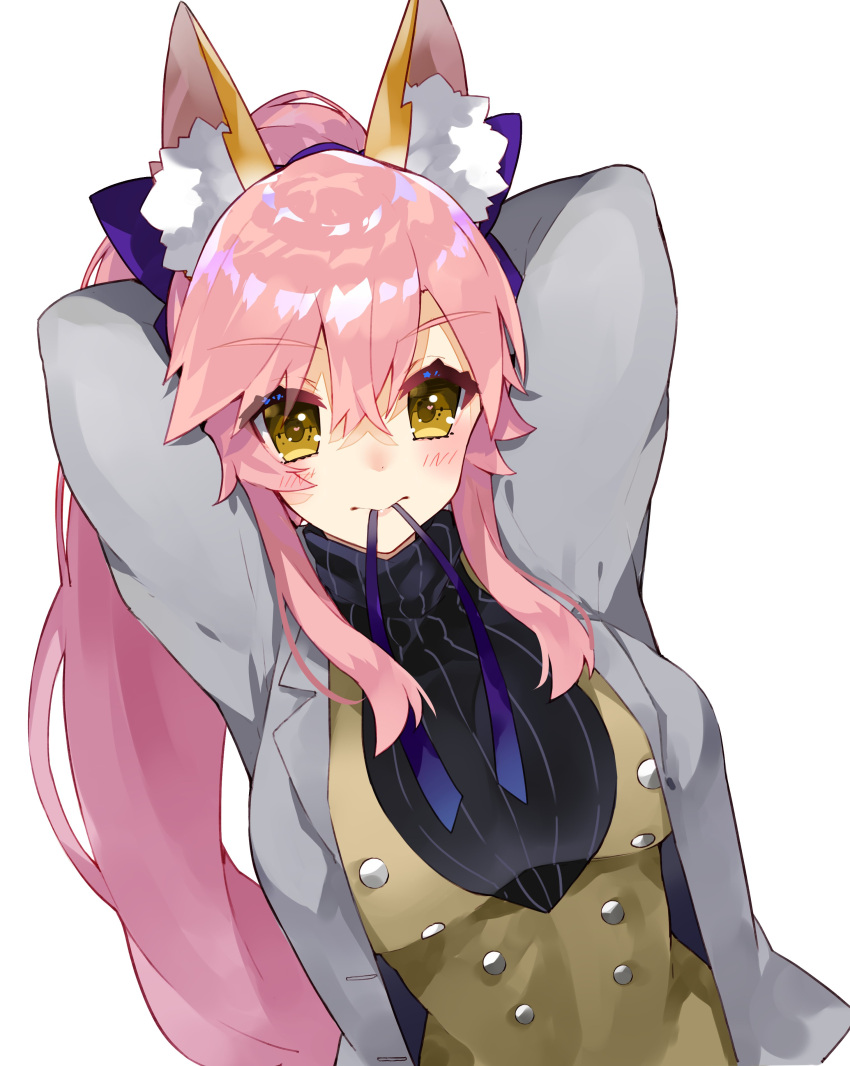 1girl absurdres alternate_costume alternate_hairstyle animal_ears arm_behind_back blue_ribbon blush breasts detached_sleeves fate/grand_order fate_(series) fox_ears fox_tail hair_ribbon heart heart-shaped_pupils highres jacket kou_mashiro large_breasts long_hair looking_at_viewer mouth_hold pink_hair ponytail ribbon ribbon_in_mouth simple_background solo symbol-shaped_pupils tail tamamo_(fate)_(all) tamamo_no_mae_(fate) white_background