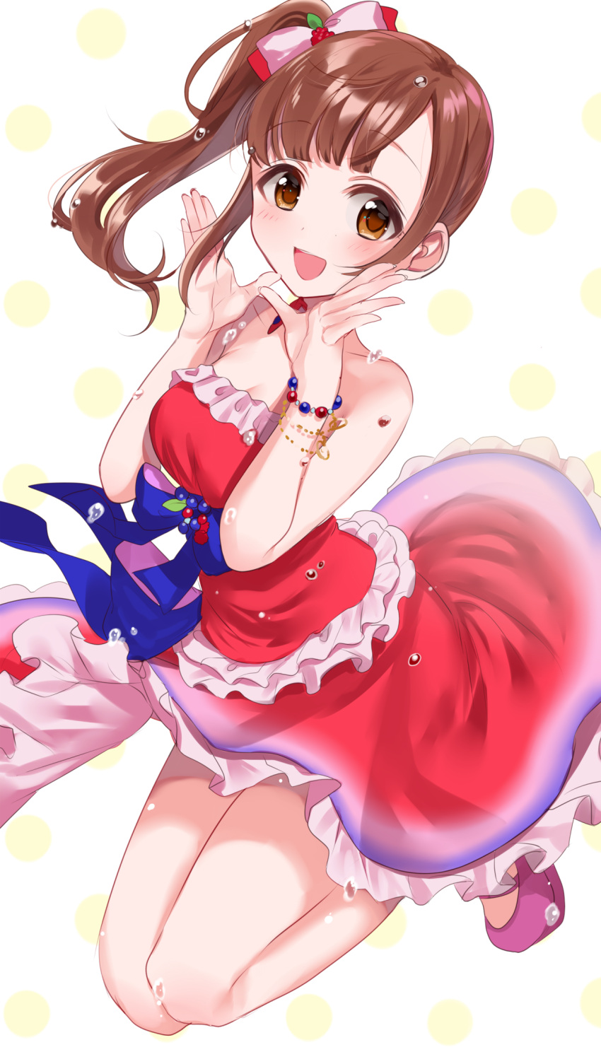 1girl :d bangs bare_legs bare_shoulders blunt_bangs blush bow breasts dress eyebrows_visible_through_hair frilled_dress frills hair_bow hands_up highres idolmaster idolmaster_cinderella_girls igarashi_kyouko long_hair looking_at_viewer medium_breasts open_mouth pink_bow pink_dress red_dress side_ponytail simple_background sinsihukunokonaka smile solo tareme white_background