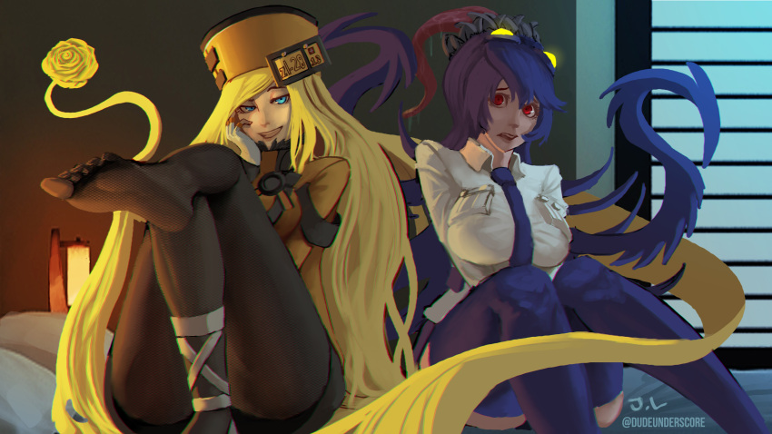 2girls absurdres aqua_eyes black_legwear breasts crossover dude_underscore feet filia_(skullgirls) fishnet_pantyhose fishnets guilty_gear guilty_gear_xrd hat highres large_breasts long_hair long_tongue looking_at_viewer millia_rage multiple_girls naughty_face necktie ojou-sama_pose on_bed pantyhose parted_lips prehensile_hair red_eyes revision samson_(skullgirls) school_uniform shoes single_shoe sitting skullgirls smile thigh-highs toes tongue trait_connection very_long_hair zettai_ryouiki