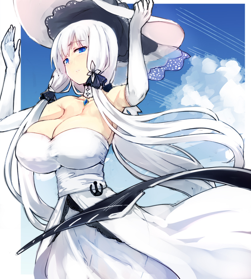 1girl azur_lane bangs bare_shoulders blue_eyes blunt_bangs blush breasts closed_mouth clouds cloudy_sky collarbone cowboy_shot cross detached_collar dress elbow_gloves eyebrows_visible_through_hair gem gloves hat highres illustrious_(azur_lane) large_breasts long_hair looking_at_viewer low-tied_long_hair orb outdoors pen_(pen3) silver_hair sky solo star_(sky) strapless strapless_dress sun_hat thigh-highs very_long_hair white_dress white_hat