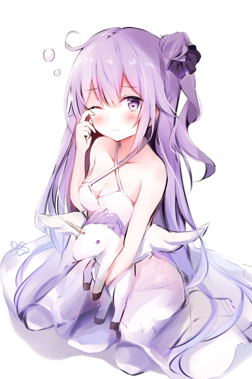 1girl ahoge azur_lane bangs bare_arms bare_shoulders black_ribbon blush breasts closed_mouth commentary_request dress eyebrows_visible_through_hair full_body hair_between_eyes hair_bun hair_ribbon halterneck highres hyurasan looking_at_viewer medium_breasts object_hug one_eye_closed one_side_up purple_hair ribbon rubbing_eyes side_bun simple_background sitting sleepy solo stuffed_animal stuffed_pegasus stuffed_toy tears unicorn_(azur_lane) violet_eyes wariza white_background white_dress