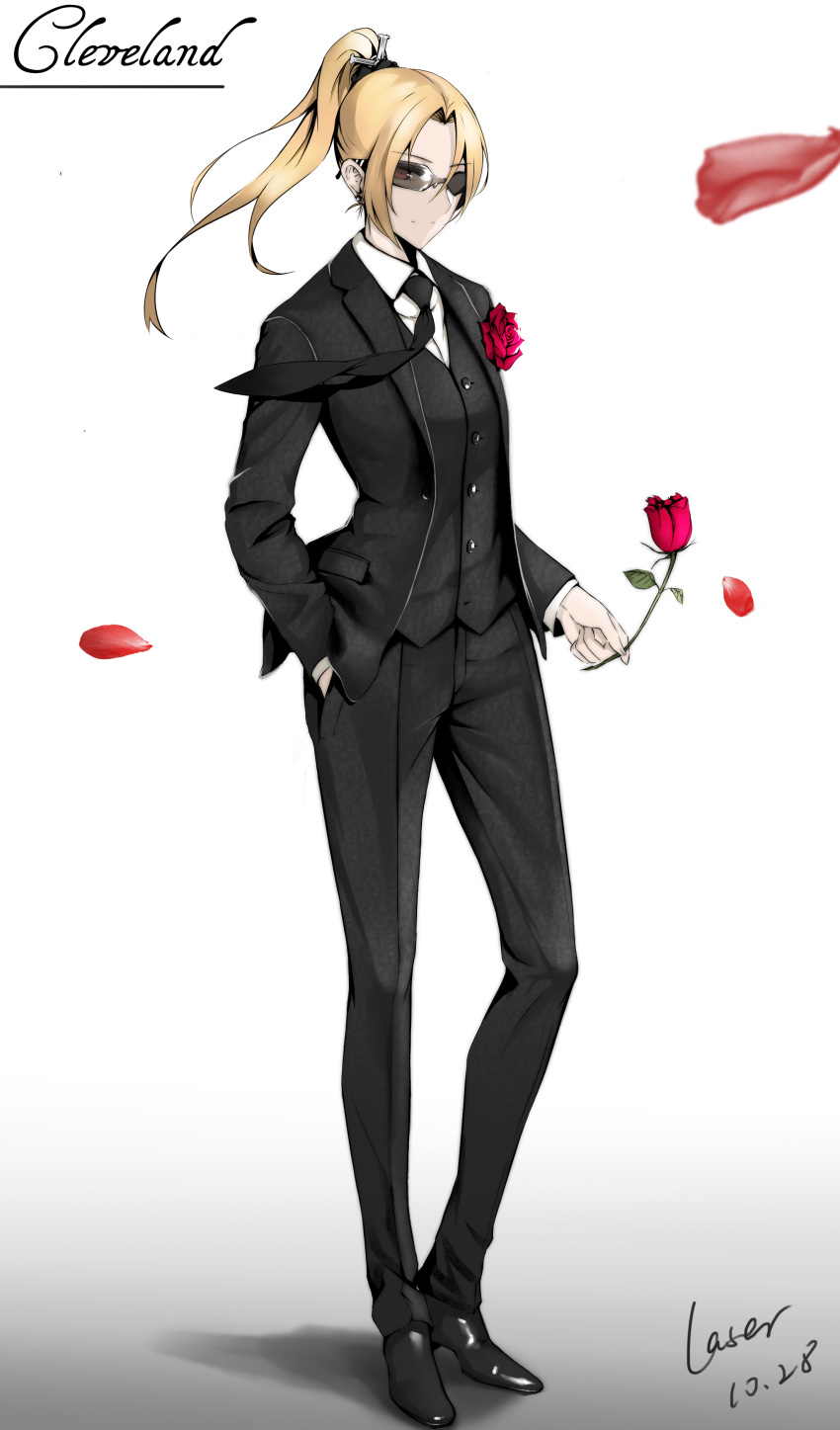 1girl absurdres alternate_costume azur_lane black_footwear black_jacket black_neckwear black_pants black_vest blonde_hair character_name cleveland_(azur_lane) closed_mouth collared_shirt dated eyebrows_visible_through_hair flower formal full_body gradient gradient_background hair_between_eyes hand_in_pocket highres jacket light_smile long_sleeves looking_at_viewer necktie pants petals ponytail red_rose rosaline rose shirt shoes signature solo standing suit sunglasses tuxedo vest white_background white_shirt wing_collar