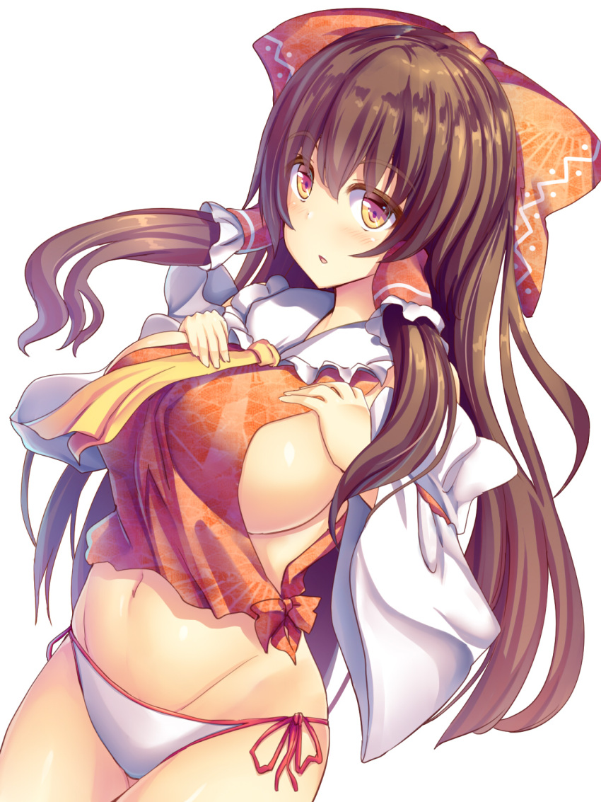 1girl :o ascot bangs bow breasts brown_hair cowboy_shot crop_top detached_sleeves groin hair_bow hair_tubes hakurei_reimu highres large_breasts liya long_hair looking_at_viewer navel panties red_bow side-tie_panties sideboob sidelocks simple_background solo touhou underwear white_background white_panties yellow_eyes