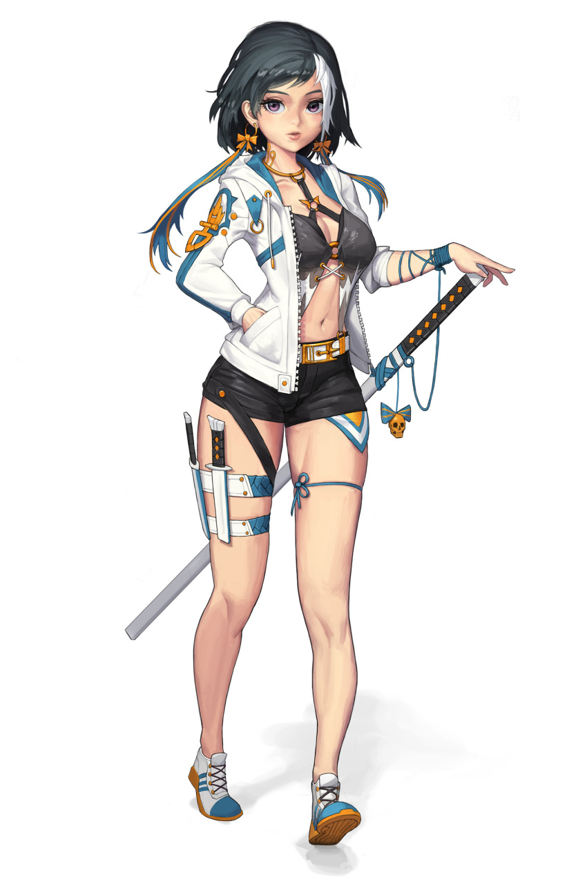 1girl arm_ribbon belt black_hair black_shorts blue_ribbon closed_mouth drawstring earrings eyelashes full_body hands_in_pockets highres holster hoop_earrings jacket jewelry katana knife leg_ribbon lips long_sleeves looking_at_viewer md5_mismatch multicolored_hair navel open_clothes open_jacket original ribbon shadow sheath sheathed shoes short_hair short_shorts shorts simple_background skull sneakers solo standing stomach streaked_hair sword thigh_holster thigh_strap thighs two-tone_hair unzipped violet_eyes walking weapon white_background white_belt white_footwear white_hair white_jacket