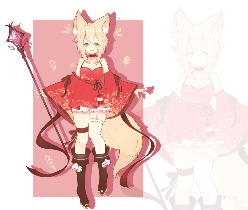 1girl animal_ears bare_shoulders black_footwear blonde_hair blush boots breasts character_request cleavage closed_mouth collarbone copyright_request eyebrows fox_ears fox_tail full_body garter_straps green_eyes highres holding holding_staff knee_boots looking_at_viewer medium_breasts mole mole_under_eye short_hair smile solo staff tail thigh-highs tongue tongue_out white_legwear youga