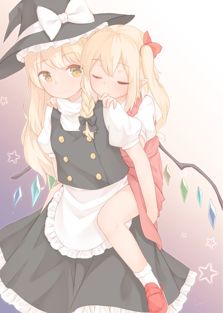 2girls apron bangs black_bow black_hat black_skirt blonde_hair blush bow braid carrying closed_eyes closed_mouth commentary_request eyebrows_visible_through_hair flandre_scarlet gradient gradient_background hair_bow hands_on_another's_shoulders hat hat_bow highres kirisame_marisa loafers long_hair multicolored multicolored_background multiple_girls pointy_ears puffy_short_sleeves puffy_sleeves red_bow red_footwear red_skirt sakurea shoes short_sleeves side_braid side_ponytail single_braid skirt skirt_set smile socks star touhou waist_apron white_apron white_bow white_legwear witch_hat yellow_eyes