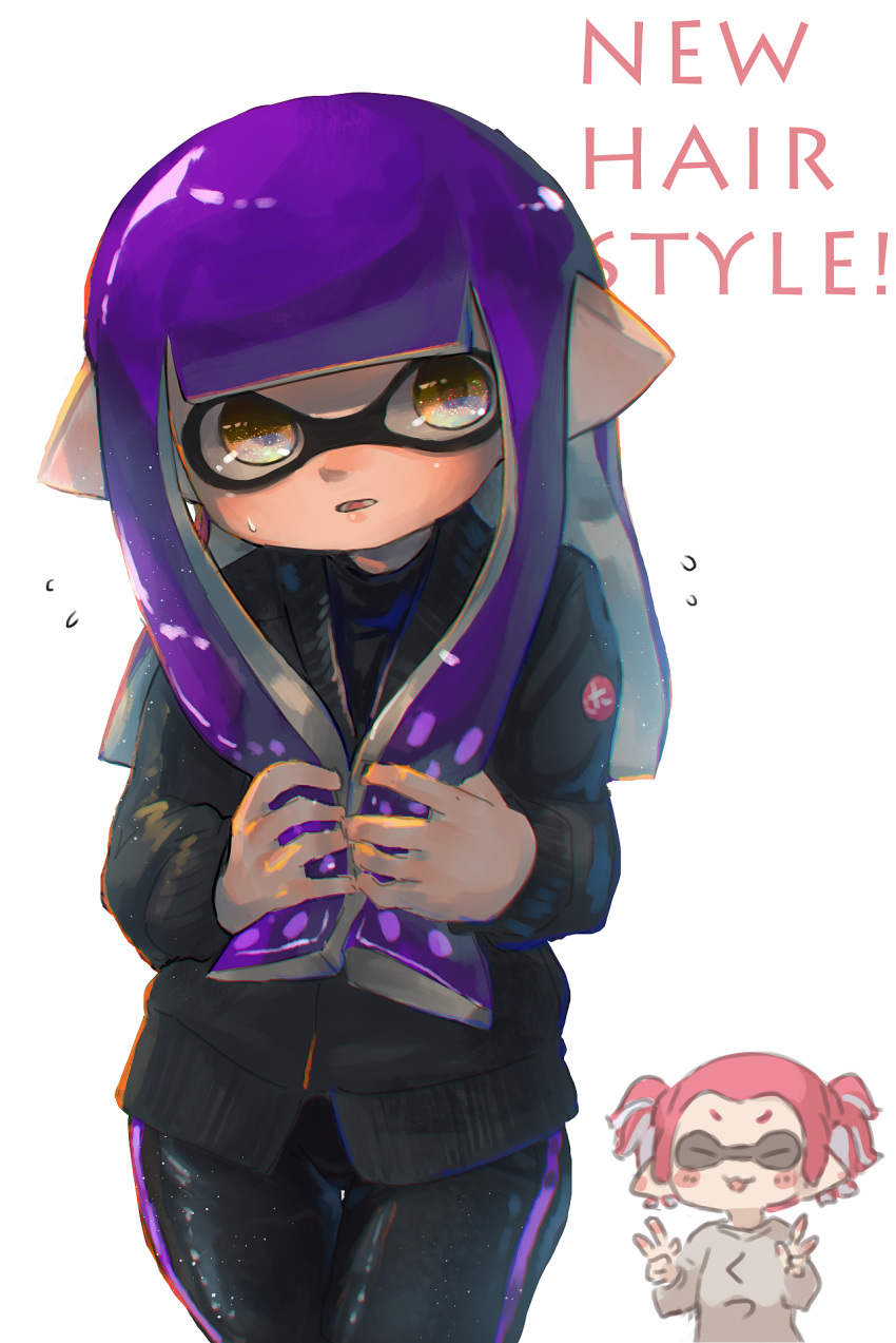 2girls bangs blunt_bangs blush_stickers closed_eyes domino_mask double_v english flying_sweatdrops hair_grab hands_up highres inkling kashu_(hizake) long_hair long_sleeves looking_at_viewer mask multiple_girls parted_lips pointy_ears short_hair smile splatoon splatoon_2 sweater tentacle_hair twintails upper_body v yellow_eyes