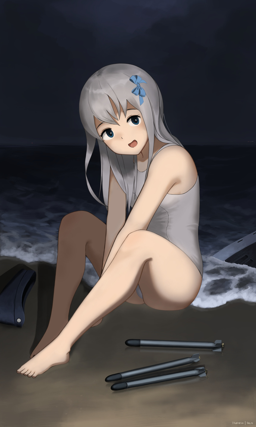 1girl absurdres barefoot beach black_eyes blue_ribbon full_body hair_ribbon highres horizon kantai_collection long_hair looking_at_viewer night ocean open_mouth outdoors ribbon school_swimsuit shiiransu silver_hair sitting smile solo swimsuit torpedo u-511_(kantai_collection) water waves white_school_swimsuit white_swimsuit