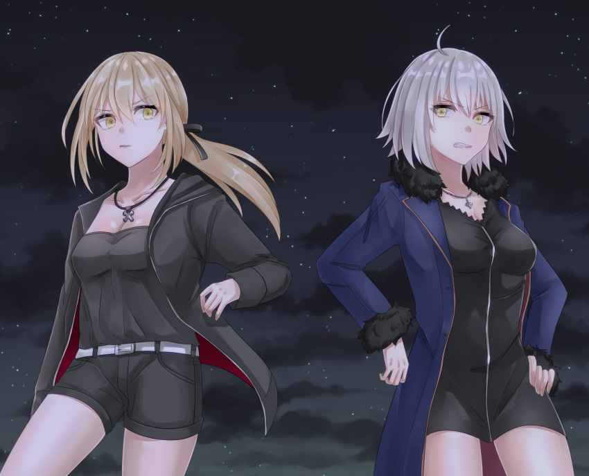 2girls artoria_pendragon_(all) black_ribbon blonde_hair blush breasts closed_mouth collarbone eyebrows_visible_through_hair fate/grand_order fate_(series) hair_ribbon highres jeanne_d'arc_(alter)_(fate) jeanne_d'arc_(fate)_(all) jewelry large_breasts long_hair looking_at_another multiple_girls necklace night night_sky parted_lips ponytail ribbon rossa_(pixiv27548922) saber_alter short_hair sky star_(sky) starry_sky teeth white_hair yellow_eyes