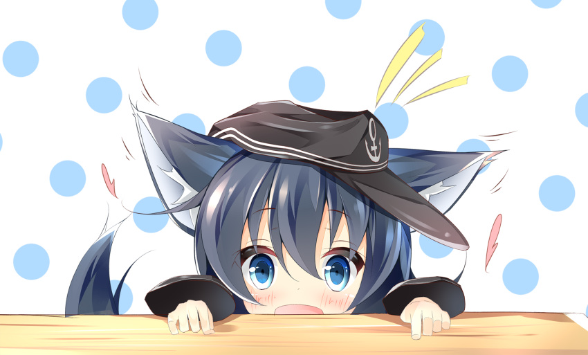 1girl :d akatsuki_(kantai_collection) anchor_symbol animal_ears bangs black_hat blue_eyes blue_hair blush commentary_request eyebrows_visible_through_hair flat_cap hair_between_eyes hat heart highres kantai_collection kushida_you long_sleeves looking_at_viewer open_mouth peeking_out polka_dot polka_dot_background smile solo tail white_background