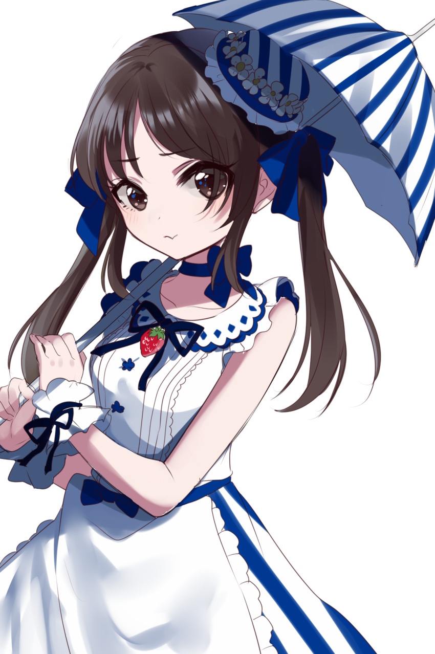 1girl bangs blue_bow blue_ribbon blush bow closed_mouth collarbone dress eyebrows_visible_through_hair food fruit hair_bow hair_ribbon highres holding holding_umbrella idolmaster idolmaster_cinderella_girls long_hair looking_at_viewer neck_ribbon ribbon sidelocks simple_background sinsihukunokonaka solo strawberry tachibana_arisu twintails umbrella white_background white_dress