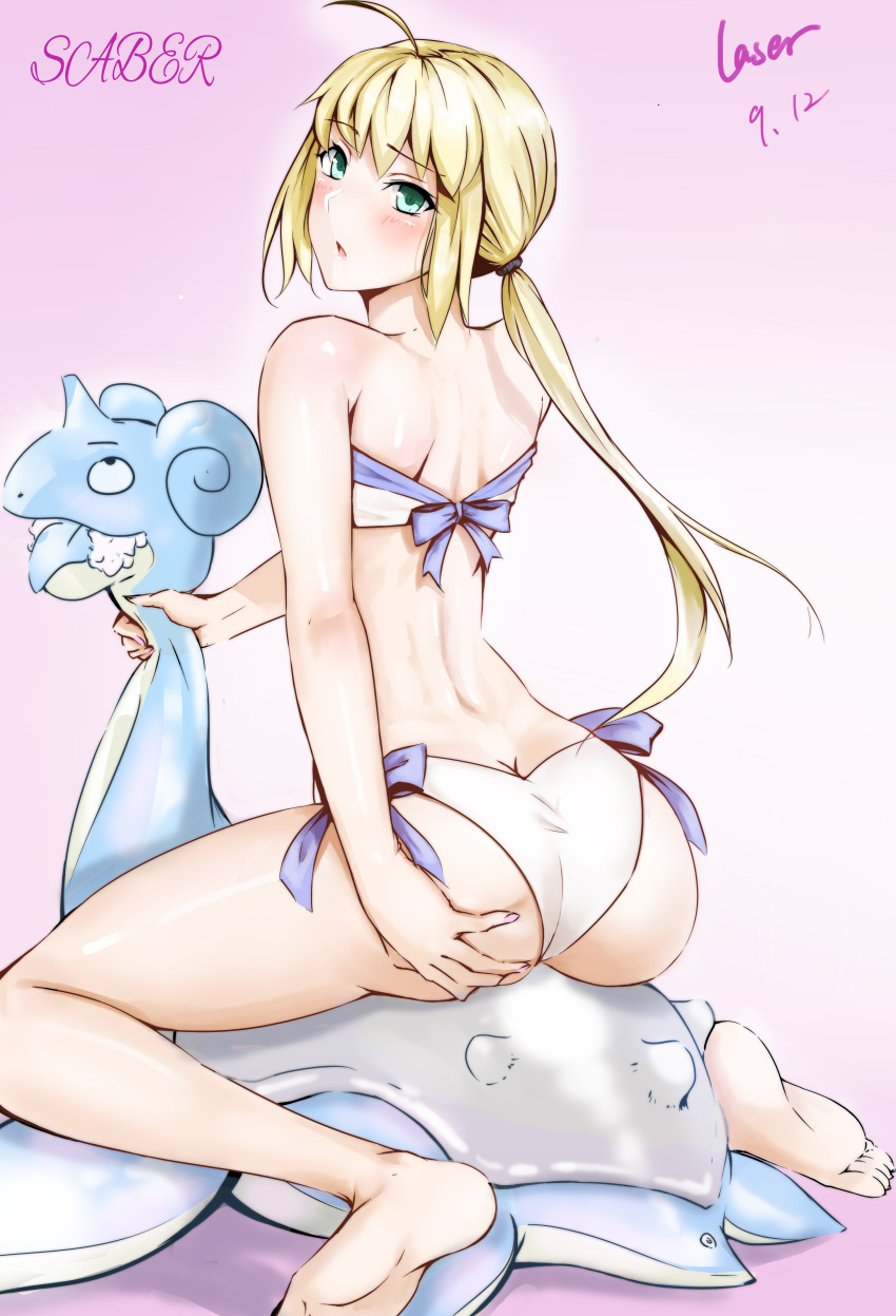 1girl absurdres ahoge artist_name artoria_pendragon_(all) asphyxiation ass back barefoot bikini blonde_hair blush butt_crack character_name choking dated fate/grand_order fate_(series) foaming_at_the_mouth from_behind full_body green_eyes highres lapras long_hair looking_at_viewer looking_back nail_polish pink_nails pokemon pokemon_(creature) ponytail rolling_eyes rosaline saber side-tie_bikini soles straddling strapless strapless_bikini swimsuit very_long_hair