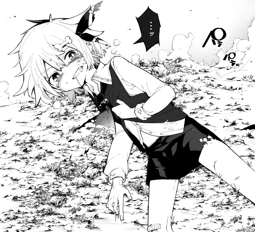 1girl aki_maki_yuu clenched_teeth crying crying_with_eyes_open greyscale hair_between_eyes hair_ribbon highres long_sleeves looking_at_viewer lying monochrome on_side ribbon rumia shorts solo tears teeth torn_clothes torn_shorts touhou vest