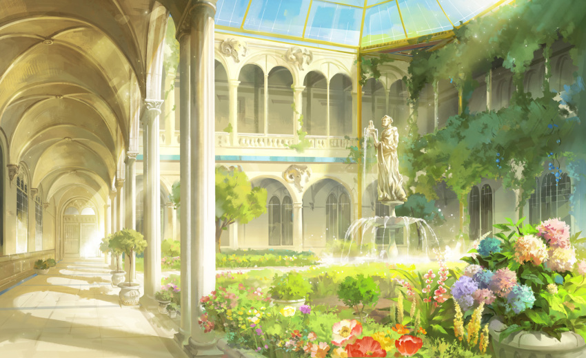 architecture column commentary courtyard flower fountain garden indoors light_particles mugon no_humans original pillar plant potted_plant scenery shadow statue sunlight vines water