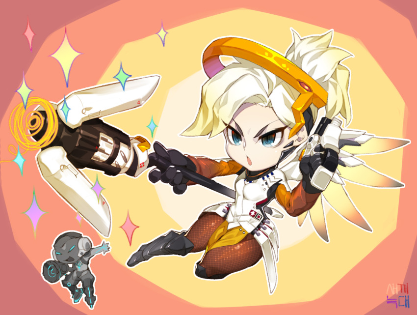 1boy 1girl armor blonde_hair blue_eyes boots chibi gloves gun knee_boots l.wolf long_hair lucio_(overwatch) mechanical_halo mechanical_wings mercy_(overwatch) open_mouth overwatch pantyhose ponytail ribbit_lucio sparkle spread_wings staff thick_thighs thighs weapon wide_hips wings