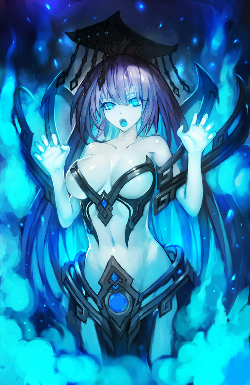 1girl bangs bare_arms bare_shoulders black_hat blue blue_eyes blue_fire breasts claw_pose collarbone cowboy_shot fire hat highres large_breasts light_particles loincloth long_hair looking_at_viewer moeoh_ex navel no_pupils purple_hair revealing_clothes solo standing stomach under_boob w_arms zhuore_zhi_hen