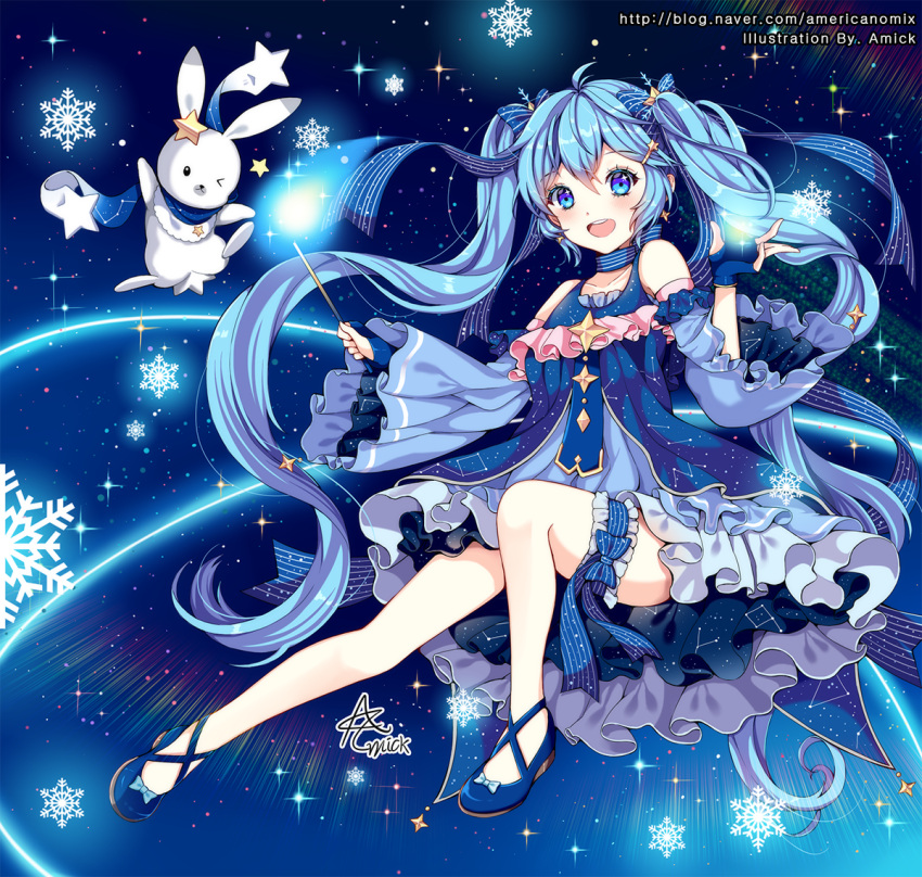 1girl amick_(americanomix) artist_name bangs blue_dress blue_eyes blue_hair detached_sleeves dress eyebrows_visible_through_hair fingerless_gloves full_body gloves hair_ornament hairclip hatsune_miku long_hair looking_at_viewer one_eye_closed open_mouth rabbit snowflakes star twintails very_long_hair vocaloid wand yuki_miku yukine_(vocaloid)