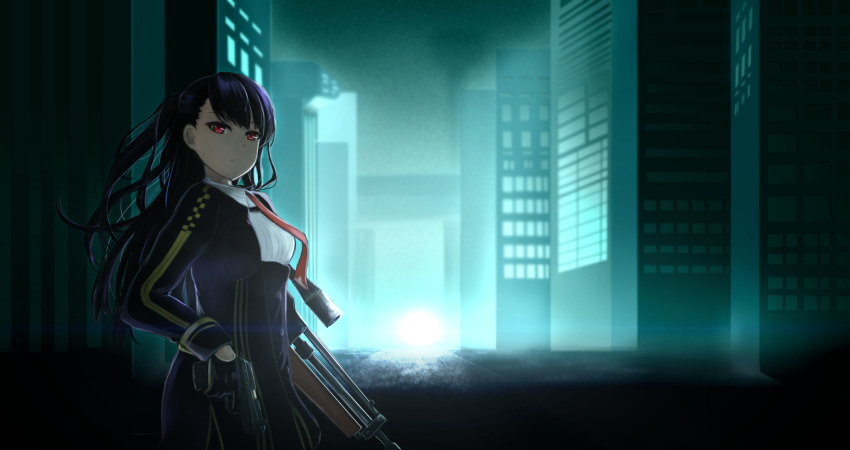 1girl belt bipod blazer bow braid bullpup buttons cityscape closed_mouth dual_wielding expressionless eyebrows eyebrows_visible_through_hair framed_breasts from_side girls_frontline gloves gun hair_bow hair_ribbon half-closed_eyes handgun highres holding holding_gun holding_weapon jacket long_hair looking_at_viewer necktie night one_side_up pistol purple_hair red_eyes red_neckwear red_ribbon ribbon rifle satsuki scope side_ponytail sniper_rifle solo standing strap thigh-highs trigger_discipline tsundere underbust uniform very_long_hair wa2000_(girls_frontline) walther walther_wa_2000 weapon
