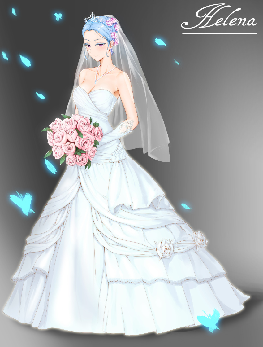1girl absurdres azur_lane bare_shoulders bouquet breasts bridal_gauntlets butterfly character_name cleavage closed_mouth collarbone dress flower full_body grey_background hair_bun helena_(azur_lane) highres jewelry large_breasts long_dress looking_at_viewer necklace petals pink_rose rosaline rose smile solo standing tiara violet_eyes wedding_dress white_dress