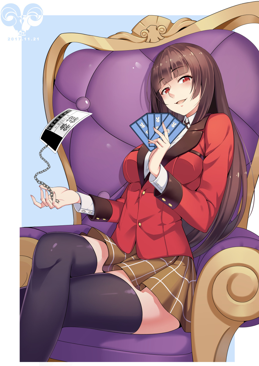 1girl absurdres bangs black_legwear blazer blunt_bangs blush border breasts brown_hair brown_skirt card chains chair collared_shirt dated eyebrows_visible_through_hair head_tilt highres holding holding_card jabami_yumeko jacket kakegurui legs_crossed long_hair looking_at_viewer medium_breasts number open_mouth outside_border pleated_skirt red_eyes school_uniform shirt sitting skirt smile solo thigh-highs very_long_hair white_shirt wing_collar yang_miee_miee