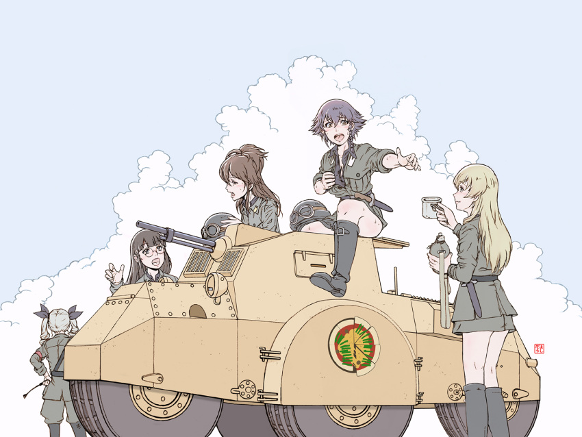 5girls anchovy anzio_military_uniform black_hair blonde_hair blush braid brown_hair canteen carpaccio clouds commentary cup dagger gaiters girls_und_panzer glasses graphite_(medium) green_hair headwear_removed helmet helmet_removed highres hot military military_vehicle mixed_media multiple_girls open_clothes open_mouth open_shirt pepperoni_(girls_und_panzer) reaching_out riding_crop shirt side_braid signature siko_(girls_und_panzer) sitting skirt sky sweat traditional_media uniform weapon yoshikawa_kazunori