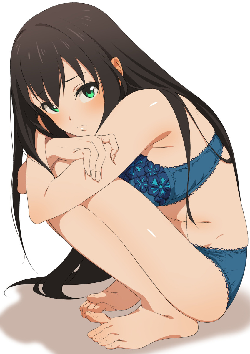 1girl absurdres bangs bare_arms bare_legs bare_shoulders barefoot black_hair blue_bra blue_panties blush bra eyebrows_visible_through_hair fingernails frilled_bra frilled_panties frills fukushi_ryouhei full_body green_eyes hair_between_eyes highres idolmaster idolmaster_cinderella_girls legs_crossed long_hair looking_at_viewer navel panties shibuya_rin simple_background solo squatting underwear underwear_only white_background