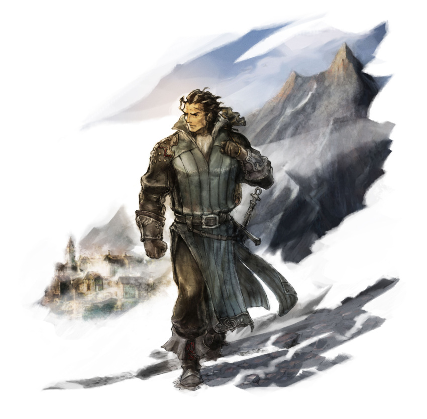 1boy absurdres belt brown_hair gloves highres looking_to_the_side mountain official_art olberic_eisenberg project_octopath_traveler scar solo square_enix strap sword town walking weapon yoshida_akihiko