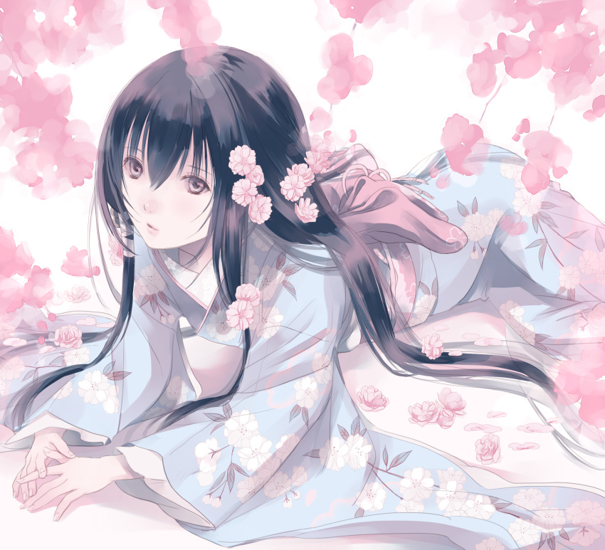 1boy black_hair fuuchouin_kazuki getbackers grey_eyes highres hirai_chika japanese_clothes kimono long_hair lying on_stomach papillon10 pink_flower ribbon smile solo trap