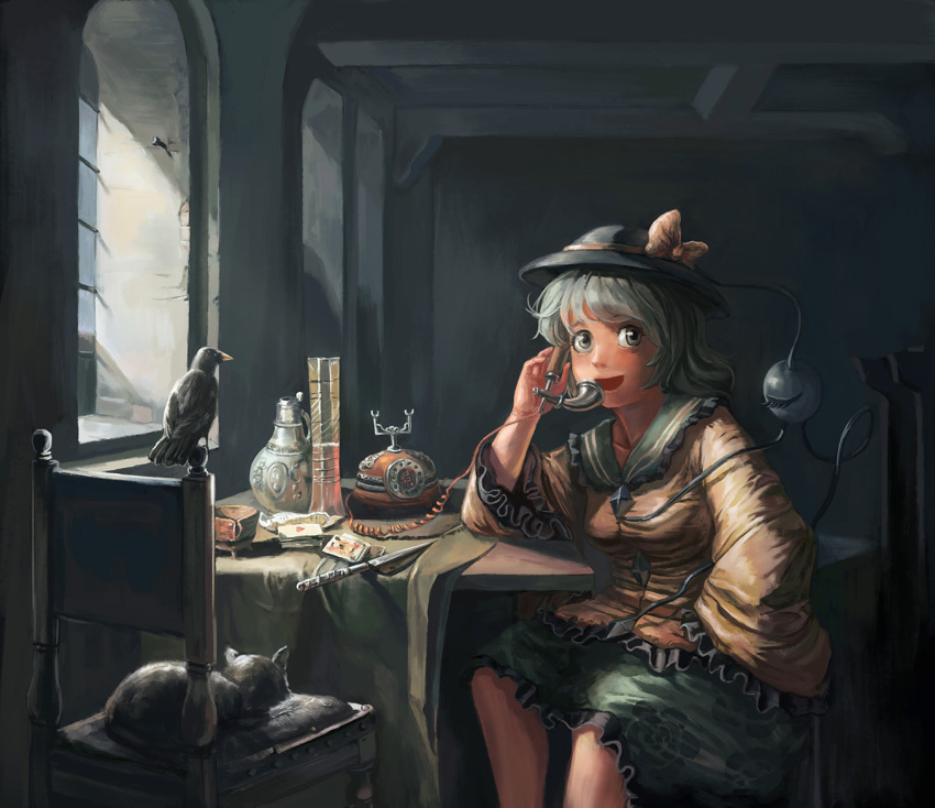 1girl amibazh antique_telephone aqua_eyes bird blouse card cat chair commentary_request crow eyebrows fine_art_parody frilled_sleeves frills green_skirt hat hat_ribbon indoors knife komeiji_koishi long_sleeves looking_at_viewer open_mouth parody phone pitcher playing_card ribbon rotary_phone sitting skirt solo table tablecloth talking_on_phone third_eye touhou wide_sleeves window yellow_blouse