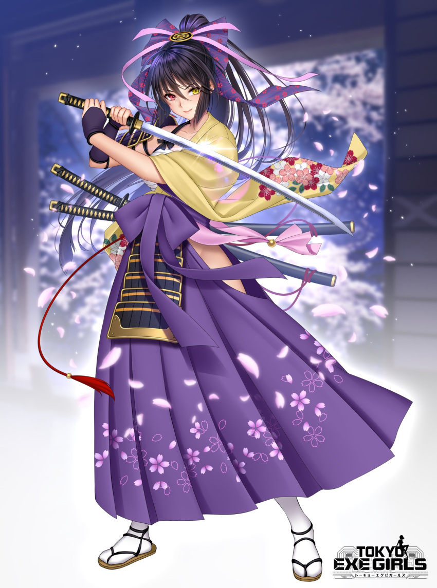 &gt;:) 1girl black_hair blush bow cherry_blossoms chrysanthemum collarbone floral_print flower full_body hair_bow hakama heterochromia high_ponytail highres hip_vent holding holding_sword holding_weapon japanese_clothes katana long_hair looking_at_viewer official_art petals red_eyes sandals sarashi shimashima08123 sidelocks solo standing sword tabi tasuki tokyo_exe_girls v-shaped_eyebrows very_long_hair weapon wide_sleeves yellow_eyes