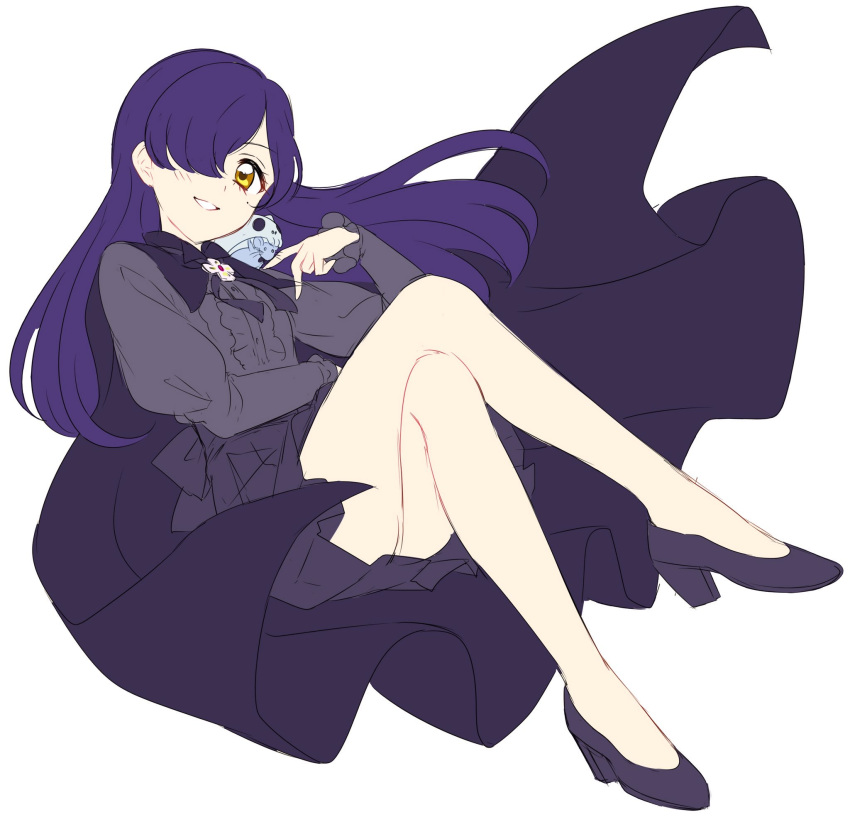 1girl aikatsu! bangs bare_legs blouse cape full_body grey_blouse hair_over_one_eye high-waist_skirt high_heels highres kurosawa_michiru legs_crossed long_hair long_sleeves looking_at_viewer no_socks one_eye_covered parted_lips purple_cape purple_footwear purple_hair purple_skirt sekina simple_background sketch skirt smile solo white_background yellow_eyes