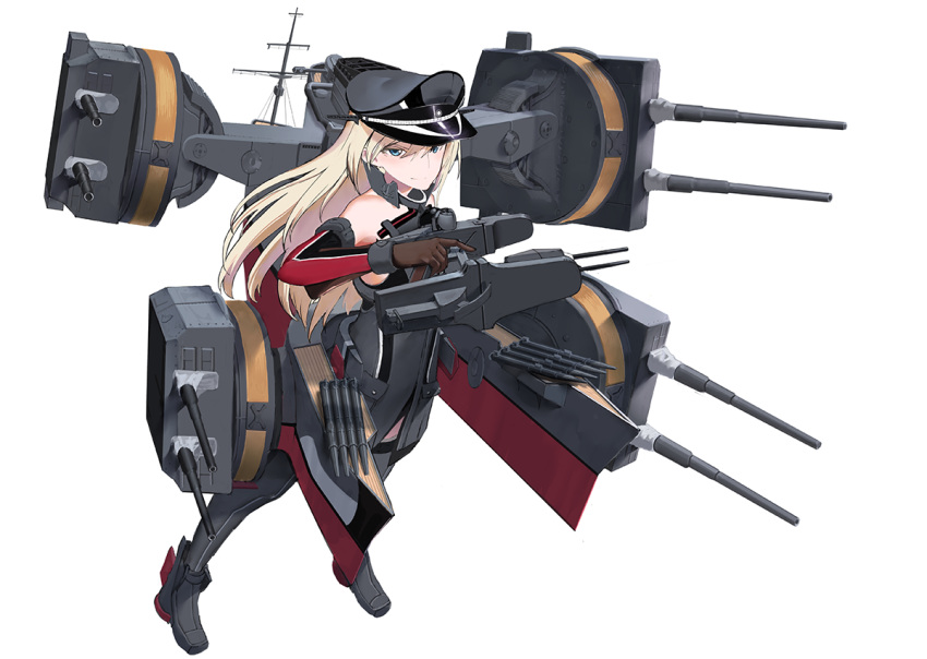 1girl bare_shoulders bismarck_(kantai_collection) blonde_hair blue_eyes brown_gloves detached_sleeves fujibejifu gloves grey_legwear hair_between_eyes hat kantai_collection long_hair machinery military military_uniform peaked_cap simple_background smile solo thigh-highs turret uniform white_background