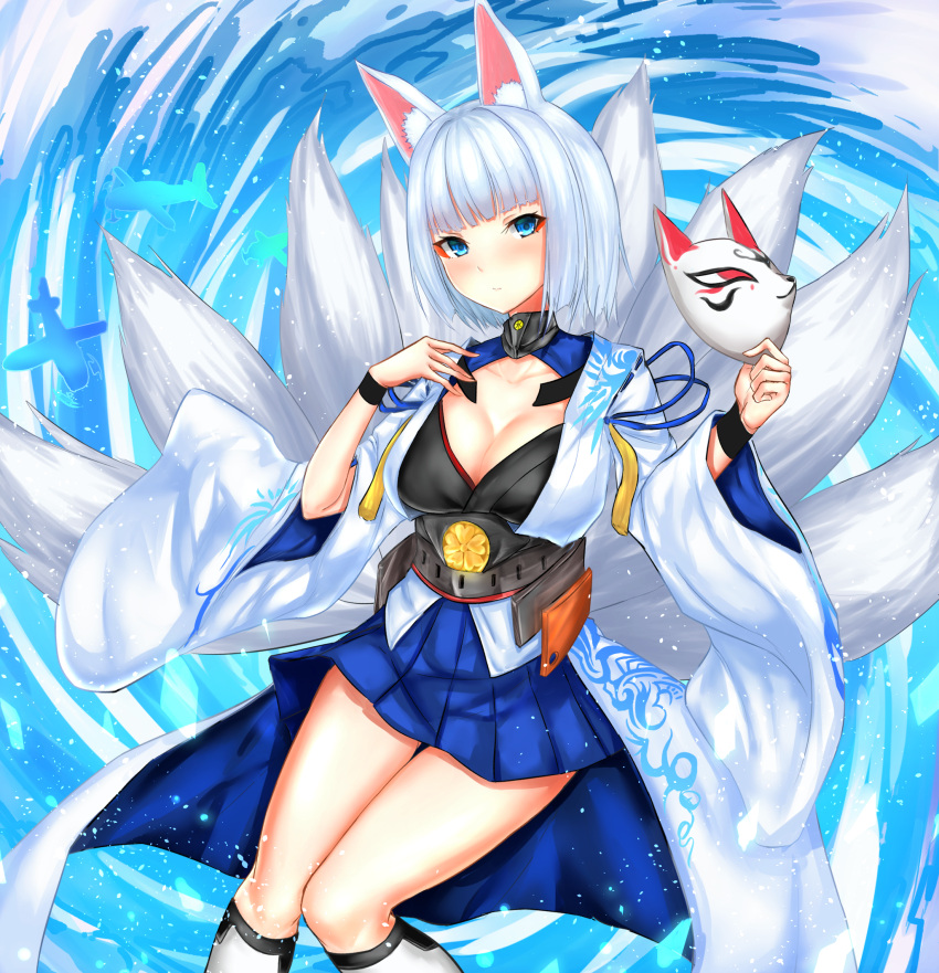 1girl animal_ears artist_request azur_lane bangs blue_eyes blunt_bangs blush breasts cleavage closed_mouth collarbone cowboy_shot fox_ears fox_mask fox_tail hakama_skirt highres japanese_clothes kaga_(azur_lane) large_breasts long_sleeves looking_at_viewer mask multiple_tails short_hair solo tail white_hair wide_sleeves